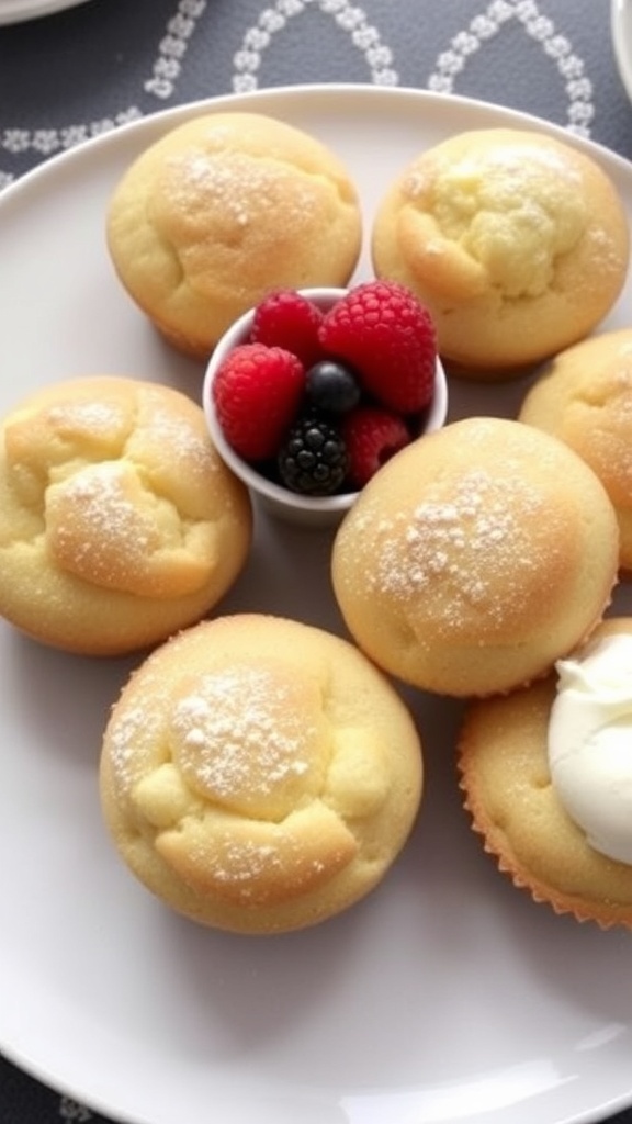 Fluffy cloud bread muffins on a plate with powdered sugar, fresh berries, and whipped cream.
